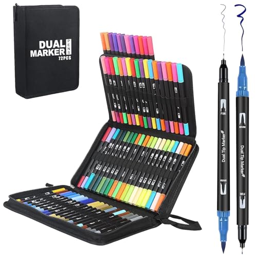 Dual Brush Pen Set, Filzstifte 72 Farben Pinselstifte Fineliner Marker Aquarell Farben für Bullet Journal, Malbücher, Handlettering, Manga Kalligraphie Stifte von Funnasting