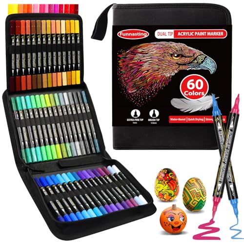 Funnasting Acrylstifte für Steine Wasserfest, 60 Farben Dual Tip Acrylic Paint Marker, Acrylfarben Set Stifte mit Pinselspitze und feiner Spitze, Paint Pens für Rock, Keramik-Oberflächen, Holz von Funnasting