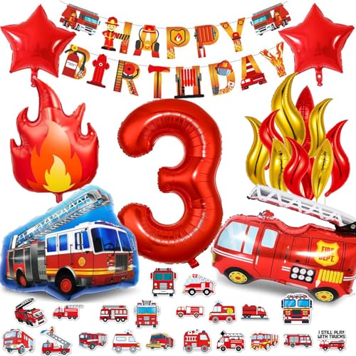 Funnity Feuerwehr Geburtstag Deko 3 Jahre, Feuerwehr Kindergeburtstag 3 Jahre, Jungen Geburtstags Dekoration, Feuerwehrauto Themenparty Dekoration von Funnity