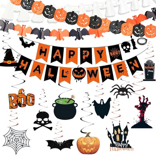 Funnity Halloween Deko innen, Halloween Deko Set umfasst Halloween Banner, Halloween Girlande, Fledermaus Deko, Luftschlangen für Grusel Halloween Party Horror Deko von Funnity