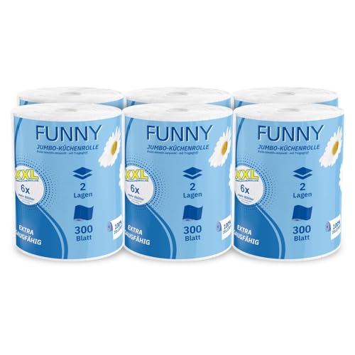 Funny Jumbo-Küchenrolle XXL | 2-lagig, 100% saugstarker Zellstoff, 300 Blatt/Rolle | Vorteilspack mit 6 Rollen | mit Tragegriff, 22,4 x 21 cm | Ideal für Küche, Bad & Haushalt! von Funny