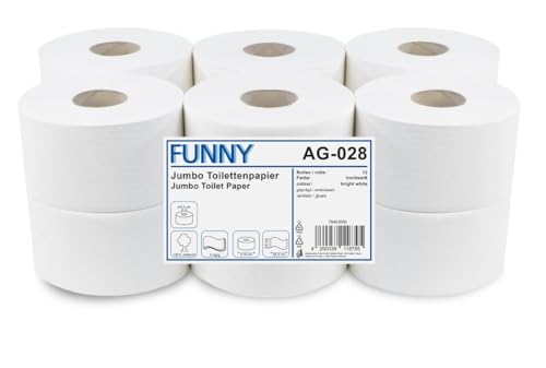 Jumbo-Toilettenpapier, 3-lagig, Zellstoff weiß, Druchmesser 19cm, 12 Rollen von Funny