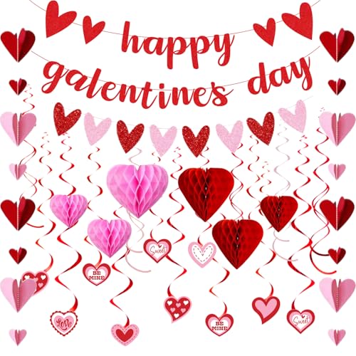 FunnyPars Galentines Day Dekorationen für Party, Happy Galentines Day Herz Banner Girlande, Galentines Day Party Supplies mit hängenden Luftschlangen Herz Waben Wirbel für Mädchen Damen Feier von FunnyPars