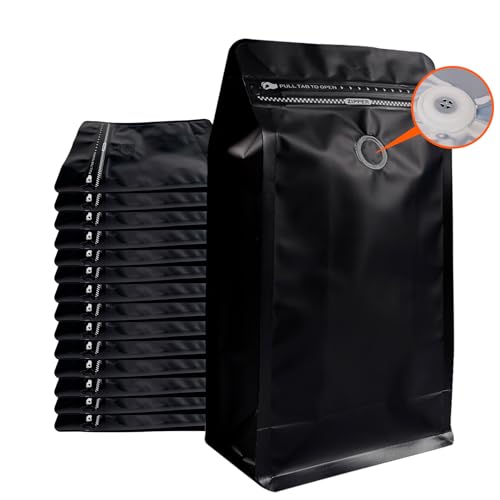 Kaffeebeutel mit Ventil (50 Stück, 227 g/0,2 kg), schwarze Aluminiumfolie, flacher Boden, stehende Kaffeebohnen, Aufbewahrungsbeutel, wiederverwendbare Heißsiegel-Seiten-Reißverschlussbeutel für von Funnyleaf