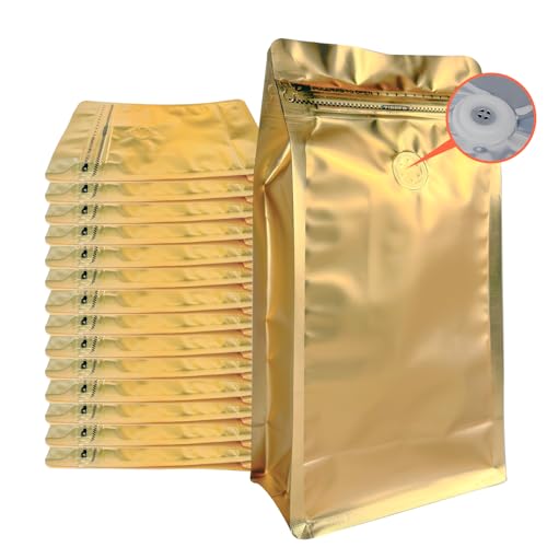 Kaffeebeutel mit Ventil (50 Stück, 900 ml, 0,9 kg) Gold, hohe Barriere, Aluminiumfolie, flacher Boden, stehende Kaffeebohnen, Aufbewahrungsbeutel, wiederverwendbare hitzeversiegelte seitliche von Funnyleaf