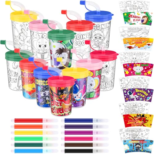 Funnymoom 12 Stück Lese-Malbecher mit Aquarellstift, 237 ml, zum Ausmalen Ihrer eigenen Tassen, DIY-Tassen-Set, zum Ausmalen, Basteln, bemalbare Becher für Liebe zum Lesen, Schulaktivitäten, Zuhause, von Funnymoom