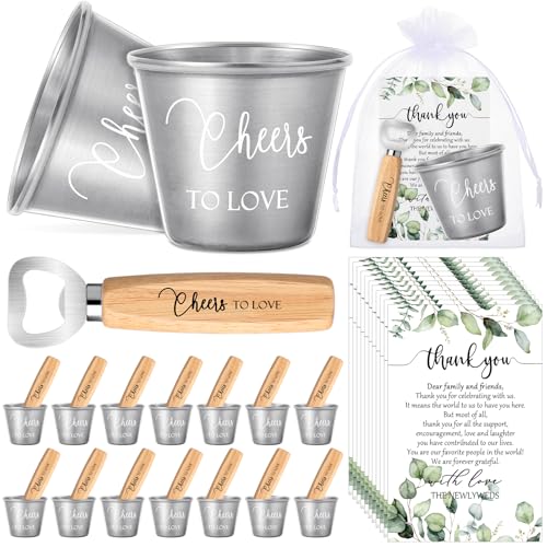 Funnymoom 25-teiliges Set Hochzeits-Partygeschenke für Gäste, kurze Gläser, Prost zu lieben, Bierflaschenöffner mit Dankeskarten, Organza-Beutel, Hochzeit, Dankeschön-Geschenke für Brautparty von Funnymoom