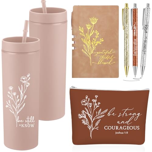 Funnymoom 6-teiliges christliches Geschenk für Frauen, inklusive religiösem Notizbuch und Stifte-Set, "Be Still and Know", Becher mit Aufschrift "Be Strong and Courageous", Make-up-Tasche, Schriftzug, von Funnymoom