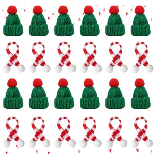 Funrelaxer 24 Stücke Mini Weihnachtsmütze und Schal Set, Mini-Strickmütze des Weihnachten, Kleine Weihnachtsmützen Set für Flaschen, hund und Puppen von Funrelaxer