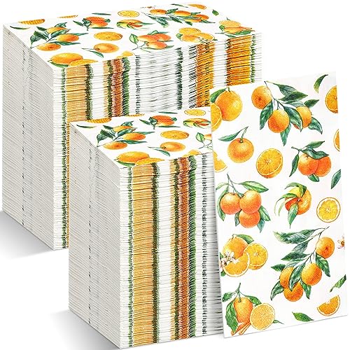 Funrous Orangene Zitrus-Servietten, Sommer-Gäste-Papierservietten mit Orangen, Einweg-Papierservietten, Mittagessen, Abendessen, Zitrusdekoration, für Tisch, Toilette, Badezimmer, Hochzeit, Dusche, von Funrous