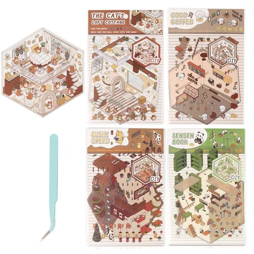 4 Sets DIY 3D House Stickers, 2024 DIY 3D House Stickers Fun DIY Stickers Scene DIY 3D Sticker Scene Stickers Make Your Own Supermarket for Adult Kids Relief Stress Pass The Time von Funtery