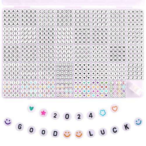 Funtopia 1560 Stück Alphabet Perlen Set, 39 Stile Buchstabenperlen Zahlenperlen zum Auffädeln, DIY Friendship Bracelet Kit Lächeln, Stern, Herz Perlen Selber Machen Set (Runde 4 x 7 mm, 40 Gitter) von Funtopia