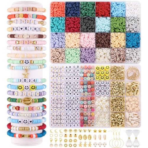 Funtopia Perlen für Armbänder, 7100+ Stück 6mm Heishi Perlen Set mit 430 Stück Buchstabenperlen, 40 Holzperlen, 65 Perlen Weiß, 36 Smile Perlen, 360 pcs Charms Set für Schmuck Selber Machen von Funtopia