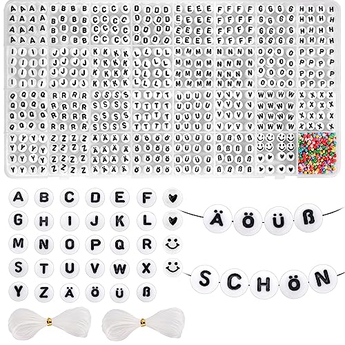 Funtopia 1200 Stück Buchstabenperlen, A - Z Ä Ö Ü ß Rund 4x7mm Buchstaben Perlen zum Auffädeln mit 50pcs Herz & Smile Perlen, 500pcs Perlen 2mm Armband Bastelset (30 Buchstabenperlen mit je 40stk) von Funtopia