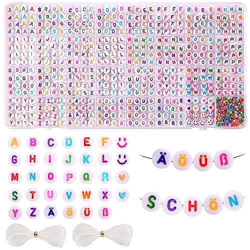 Funtopia1200 Stück Buchstabenperlen, A - Z Ä Ö Ü ß Rund 4x7mm Buchstaben Perlen zum Auffädeln mit 50pcs Herz & Smile Perlen, 500pcs Perlen 2mm Armband Bastelset (30 Buchstabenperlen mit je 40stk) von Funtopia