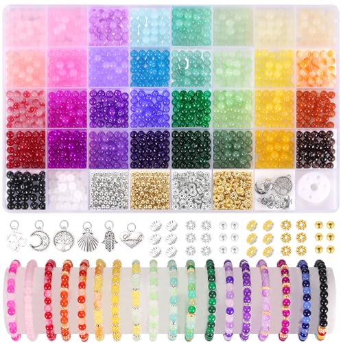 Funtopia 1400 Stück Perlen für Armbänder, runde Glasperlen, 6 mm, 34 Farben, Armbandherstellungs-Set mit bunten Kristall-Edelsteinperlen, imitativen Jadeperlen, Charms und Abstandshalter-Perlen für von Funtopia