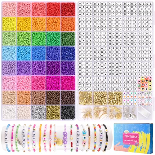 Funtopia 3mm Perlen für Armbänder, 40 Farben 11200pcs Perlen Zum Auffädeln mit Buchstabenperlen, Perlen Set für Friendship Bracelet Kit von Funtopia