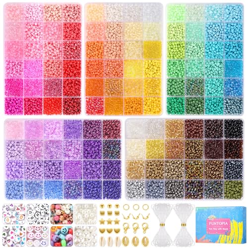 Funtopia 4mm Perlen Set, 120 Farben Perlen für Armbänder mit 680 A - Z Ä Ö Ü ß Buchstabenperlen, 460 Stück 14 verschiedene Charms für Mädchen Kinder von Funtopia