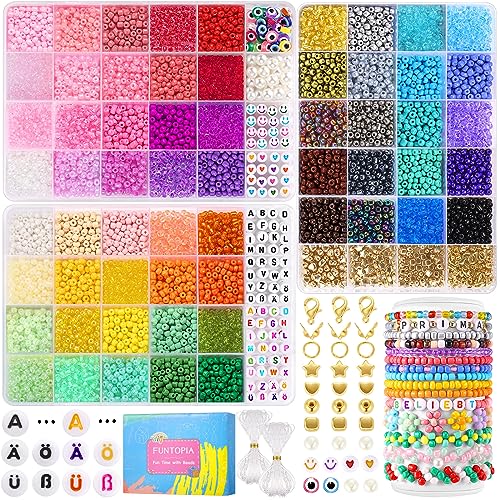 Funtopia Perlen Set für Armbänder, 60 Farben 4mm Perlen zum Auffädeln, 240 Stück 8 Set Buchstabenperlen, 160 Herzen Lächeln Evil Eye Weiß Perlen, 250 Charms für Feiertage, Geburtstage (7800+ Stück) von Funtopia