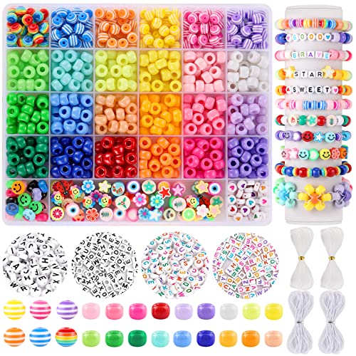 Funtopia Pony Beads für Kinder Mädchen, 1170 Stück 18 Farben Bunt Perlen zum Auffädeln, Glasperlen 9mm mit 460 Buchstabenperlen, Clay Perlen, Smiley Gesicht Perlen, Streifenperlen für Schmuck DIY von Funtopia