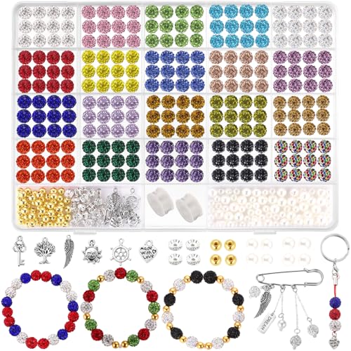 Funtopia Strassstein-Perlen, 10 mm, Discokugel-Perlen-Set zur Schmuckherstellung, bunte Glitzer-Perlen mit Charms, Abstandshalter, Perlen für Armband, Halskette, Ohrringe, Basteln, 408 Stück von Funtopia