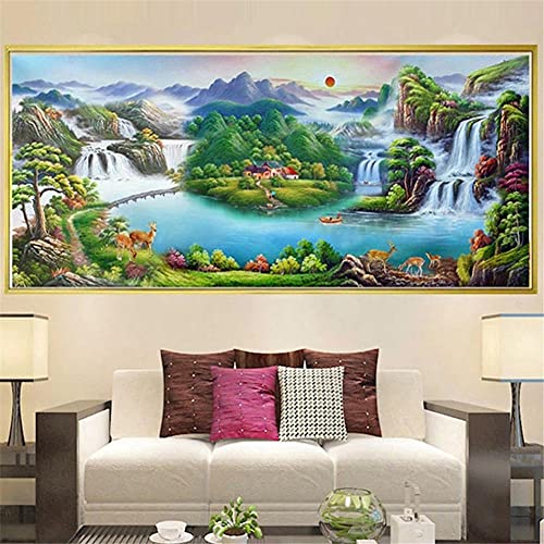 Diamond Painting,Diamant Painting Bilder,Große Größe Diamant Malerei mit Voll Diamond Painting Zubehör,5D Diamant Gemälde Cross Stickerei,Schlafzimmer Deko Wohnzimmer,Wasserfall See Hirsch,50x100cm von Funxer