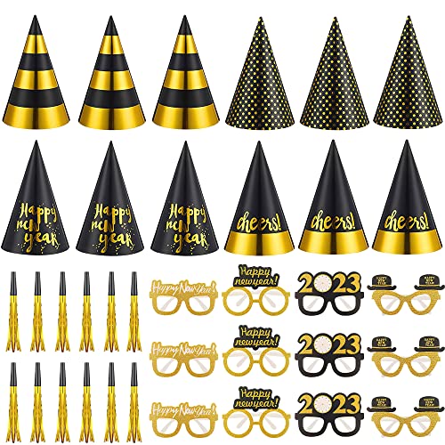 36 Stück Silvester-Partyzubehör 2022 enthält schwarze und goldene Partyhüte, Silvester-Party, Kostümparty-Brille und glitzernde metallische Fransen, Geräuschmacher für Silvester-Party-Gastgeschenke von Fuorder