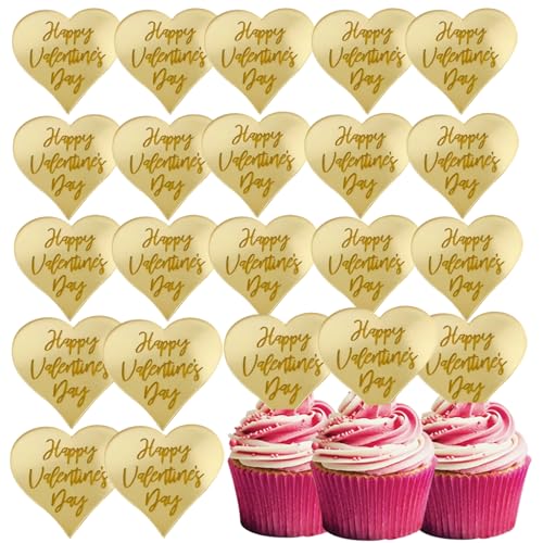 Cupcake-Topper "Happy Valentine's Day", Acryl, Spiegelscheibe, Herz, Kuchendekoration, 25 Stück von Furimuk