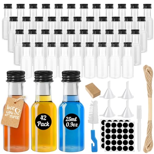 Furuising 42 Stück Mini Fläschchen Likörflaschen, 25ml Kleine Flaschen zum Befüllen Kunststoff, Wiederverwendbar Schnapsflaschen zum Befüllen mit Deckel, Stift, Anhänger, Trichter für Hochzeiten Party von Furuising