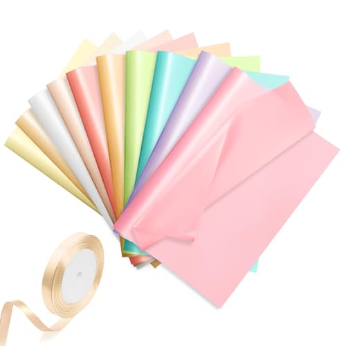 Furuising 50 Blatt Bunt Seidenpapier, 10 Farbiges Metallic Seidenpapier zum Verpacken, 50x35cm Glitzerndes Seidenpapier Verpackungsmaterial mit 1 Satinband für Bastelarbeiten,Geschenkverpackungen von Furuising