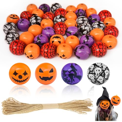 Furuising 50 Stück Halloween Holzperlen zum Auffädeln, 20mm Bunte Holzperlen mit Loch, Gruselige Gesichter, Skelett, Hexe, Spinnennetz Perlen Holz mit 10m Juteschnur für Halloween Party Supplies von Furuising