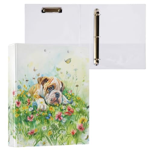 Bulldog Puppy Dogs Flowers 3-Ringbuch, 3,8 cm, dekorativer D-Ringordner mit Klemmbrett und 3 transparenten Taschen, hält 200 Blatt A4-Papier, wasserdichte Ordner für Schule, Zuhause, Büro von Fustylead