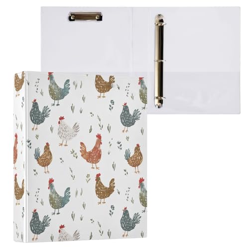 Cute&Simple Deigned Chicken Hen 3-Ringbuch, 3,8 cm, dekorativer D-Ringordner mit Klemmbrett und 3 transparenten Taschen, für 200 Blatt A4-Papier, wasserdichte Ordner für Schule, Zuhause, Büro von Fustylead