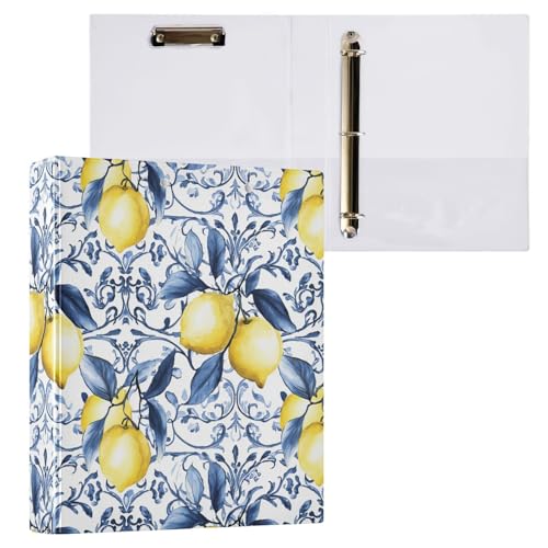 French Country Blue Tile Yellow Lemons 3-Ringbuch, 3,8 cm, dekorativer D-Ringordner mit Klemmbrett und 3 transparenten Taschen, hält 200 Blatt A4-Papier, wasserdichte Ordner für Schule, Zuhause, Büro von Fustylead