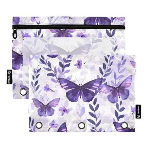 Fustylead Aquarell-Bleistifttasche mit violetten Schmetterlingen und Blumen, 2 Stück, für 3-Ringordner, große Kapazität, Binder-Bleistifttasche mit transparentem Fenster für Büro-Kosmetikbedarf von Fustylead