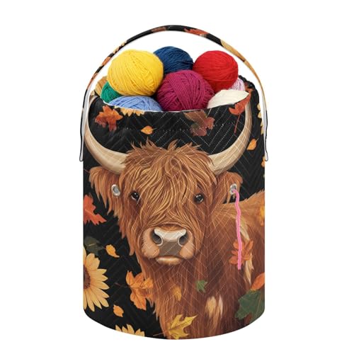 Fustylead Brauner Highlandkuh, Sonnenblume, Kürbis und Herbstblätter, gehäkelter Kordelzug-Organizer, große Garntasche, Aufbewahrungskorb zum Häkeln für unterwegs, Kit-Halter, Geschenk für Stricker, von Fustylead