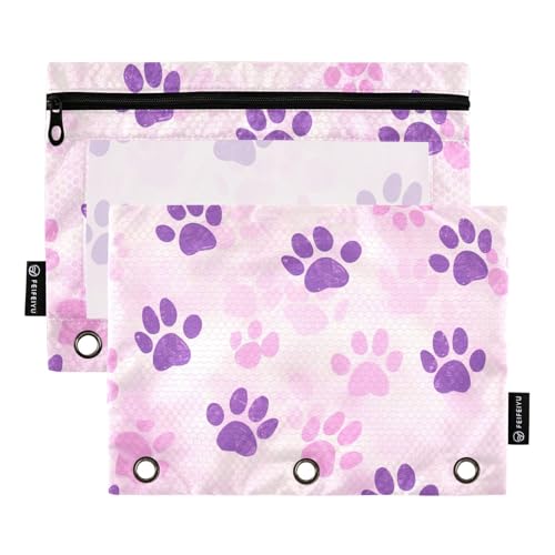 Fustylead Federmäppchen mit niedlichem rosa und violettem Hunde- und Katzenpfotenabdruck, 2 Stück, für 3-Ringordner, große Kapazität, Binder-Bleistifttasche mit transparentem Fenster für von Fustylead