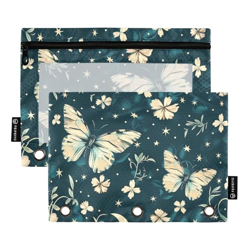 Fustylead Flying Butterfly and Floral Moon Stars Bleistiftbeutel für 3-Ringbuch, große Kapazität, Binder-Bleistifttasche mit transparentem Fenster für Büro-Kosmetikbedarf, 2 Stück von Fustylead