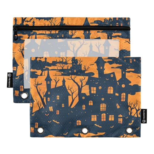 Fustylead Halloween Eve mit Schloss Fledermäuse Baum Silhouette 2 Stück Bleistiftbeutel für 3-Ringbuch, große Kapazität, Binder-Bleistifttasche mit transparentem Fenster für Büro-Kosmetikbedarf von Fustylead