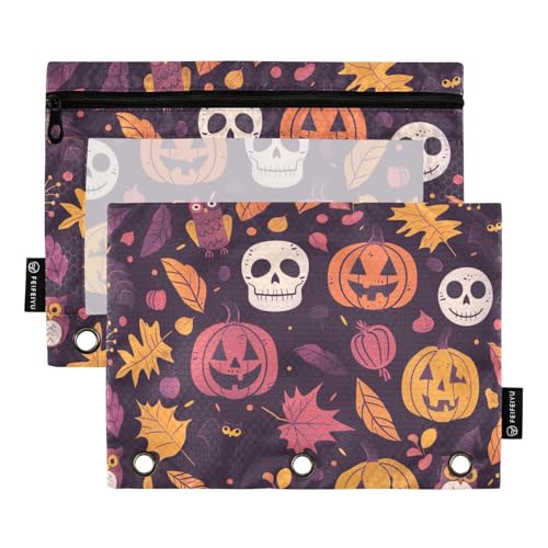 Fustylead Halloween Fledermäuse Kürbisse Ahornblätter 2 Stück Bleistiftbeutel für 3-Ringbuch, große Kapazität, Binder-Bleistifttasche mit transparentem Fenster für Büro-Kosmetikbedarf von Fustylead