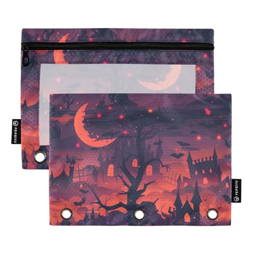 Fustylead Halloween-Landschaft, Haunting Nightmare Hintergrund, 2 Stück, Bleistiftbeutel für 3-Ringbuch, große Kapazität, Binder-Bleistifttasche mit transparentem Fenster für Büro-Kosmetikbedarf von Fustylead