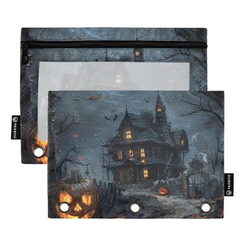 Fustylead Halloween Night Castle Fledermäuse und Kürbis, 2 Stück Bleistiftbeutel für 3-Ringbuch, große Kapazität, Binder-Bleistifttasche mit transparentem Fenster für Büro-Kosmetikbedarf von Fustylead