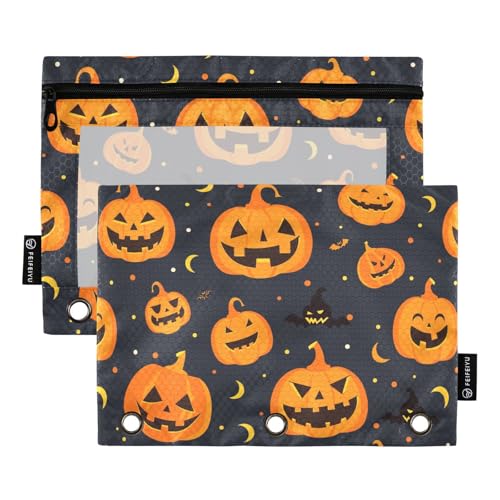 Fustylead Halloween Orange lächelnde Kürbislaterne und Mond 2 Stück Bleistiftbeutel für 3-Ringbuch, große Kapazität, Binder-Bleistifttasche mit transparentem Fenster für Büro-Kosmetikbedarf von Fustylead