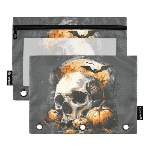 Fustylead Halloween-Thema mit Kürbisen, Totenkopf und Fledermäuse, 2 Stück, Bleistiftbeutel für 3-Ringbuch, große Kapazität, Binder-Bleistifttasche mit transparentem Fenster für Büro-Kosmetikbedarf von Fustylead