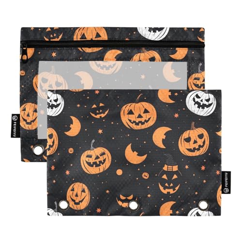 Fustylead Happy Halloween Eve Lustiger Kürbis und Mond, 2 Stück Bleistiftbeutel für 3-Ringbuch, große Kapazität, Binder-Bleistifttasche mit transparentem Fenster für Büro-Kosmetikbedarf von Fustylead