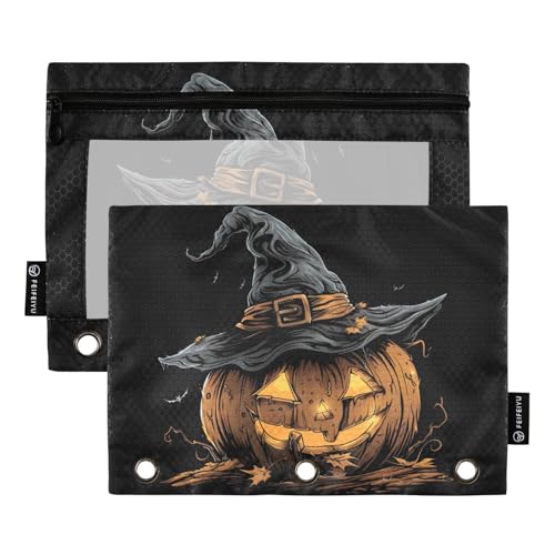 Fustylead Happy Halloween Pumpkin Wear Hexenhut, 2 Stück Bleistiftbeutel für 3-Ringbuch, große Kapazität, Binder-Bleistifttasche mit transparentem Fenster für Büro-Kosmetikbedarf von Fustylead