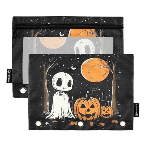 Fustylead Happy Halloween Totenkopf Geist Kürbis auf schwarzem Hintergrund, 2 Stück Bleistiftbeutel für 3-Ringbuch, große Kapazität, Binder-Bleistifttasche mit transparentem Fenster für von Fustylead