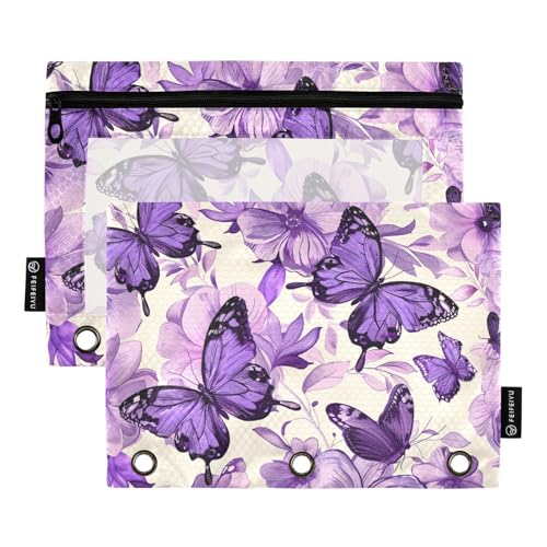 Fustylead Hübsche violette Schmetterlinge und Blumen, 2 Stück Bleistifttaschen für 3-Ringordner, große Kapazität, Binder-Bleistifttasche mit transparentem Fenster für Büro-Kosmetikbedarf von Fustylead