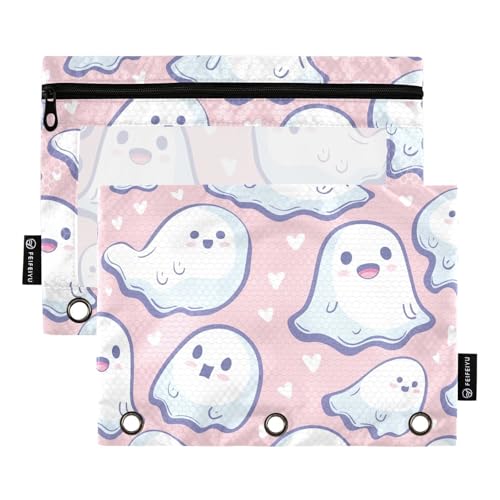 Fustylead Niedlicher Geist und Herzen im Kawaii-Stil, 2 Stück, Bleistiftbeutel für 3-Ringordner, große Kapazität, Binder-Bleistifttasche mit transparentem Fenster für Büro-Kosmetikbedarf von Fustylead