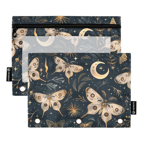 Fustylead Vivid Moth Moon and Stars Bleistiftbeutel für 3-Ringbuch, große Kapazität, Binder-Bleistifttasche mit transparentem Fenster, für Büro-Kosmetikbedarf, 2 Stück von Fustylead